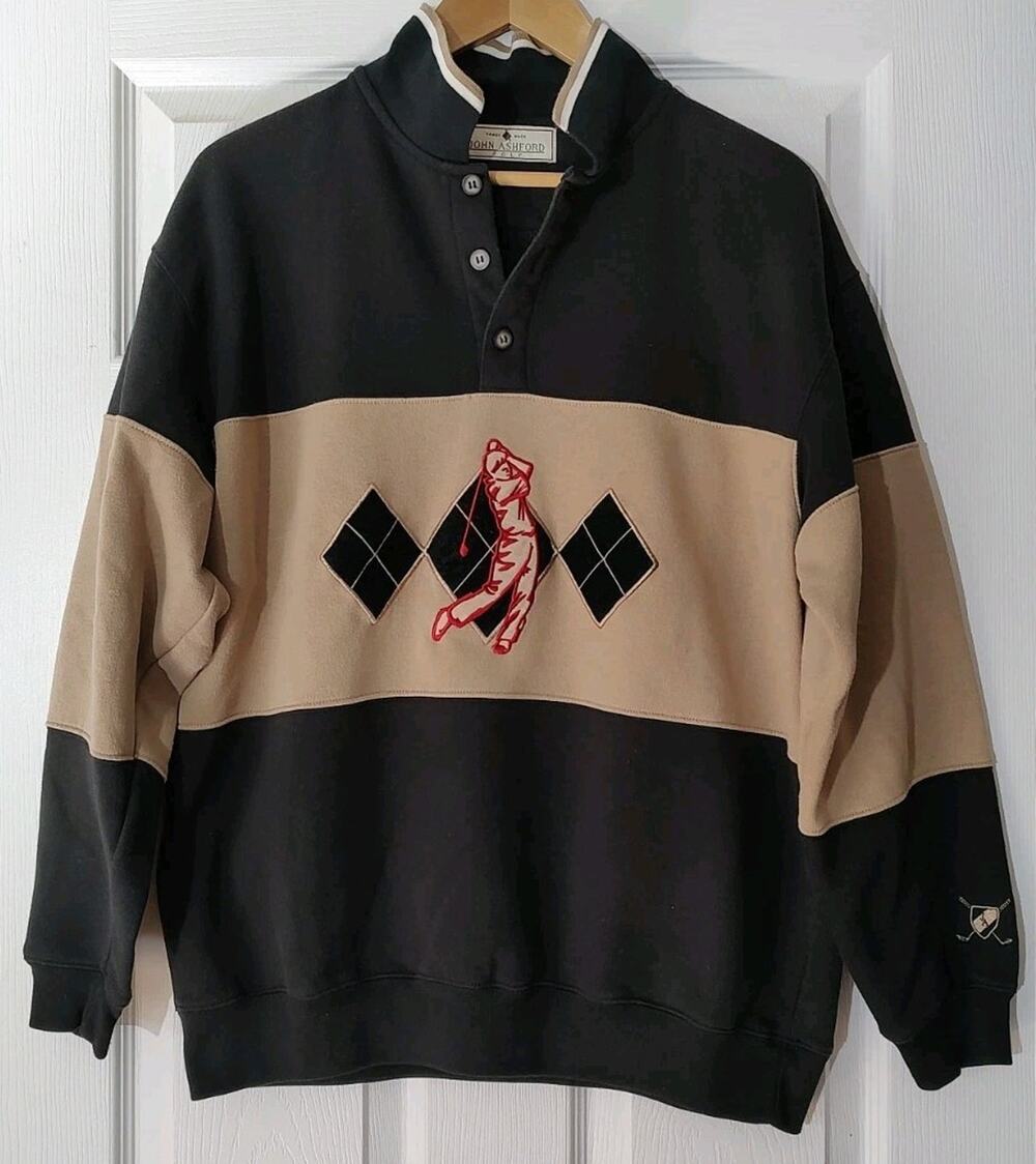 Men's Vintage John Ashford Golf Polo Black Sweatshirt Long Sleeve 90s - Medium